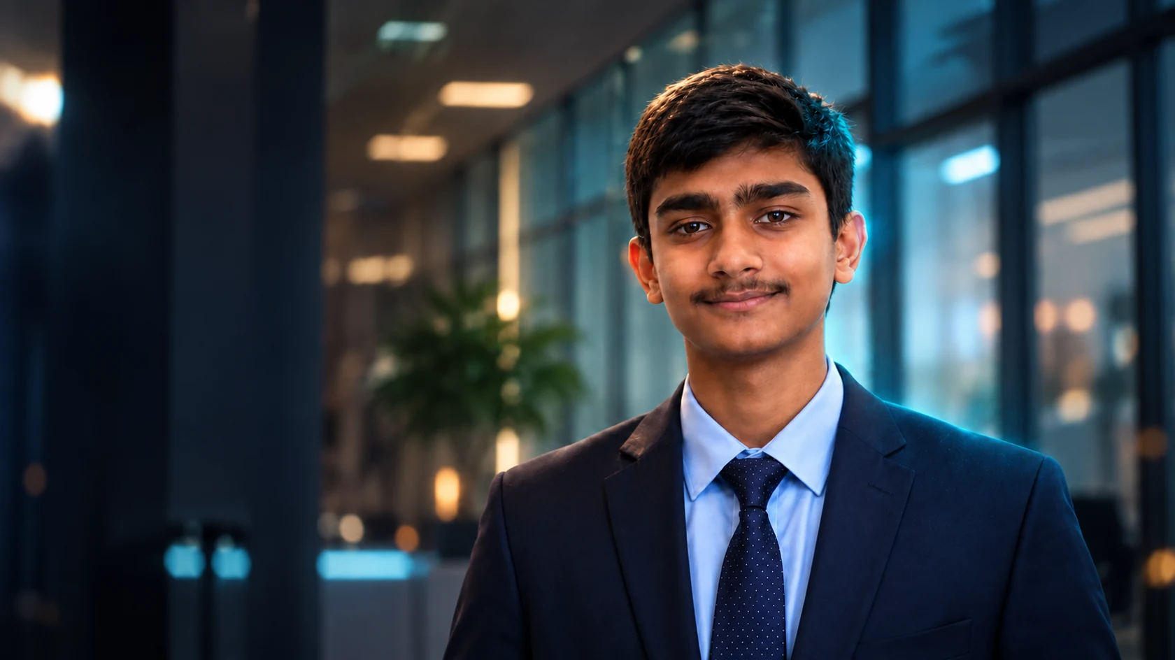 Darmigan Baskar in a navy suit in a softly lit office corridor